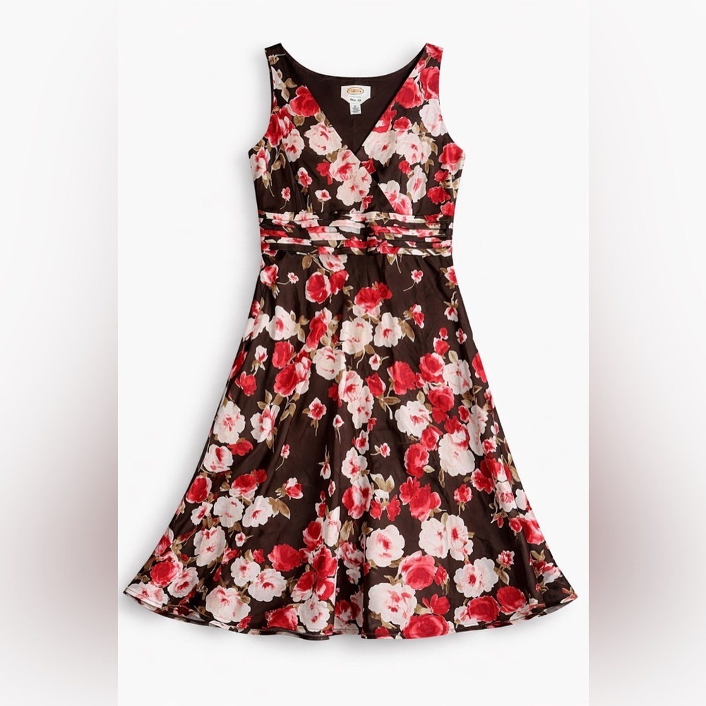 Talbots Pure Silk Floral Fit & Flare Dress Brown Pink White Sleeveless Size 12